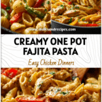 Close-up of creamy One Pot Chicken Fajita Pasta with bell peppers, chicken strips, and herbs in a skillet.