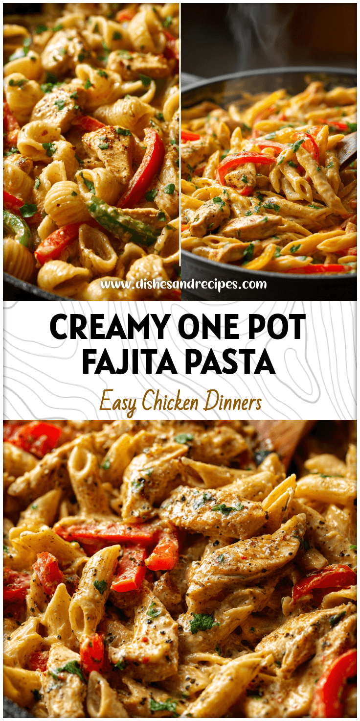 Close-up of creamy One Pot Chicken Fajita Pasta with bell peppers, chicken strips, and herbs in a skillet.