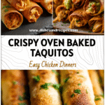 Golden oven baked chicken taquitos filled with shredded chicken and served with guacamole salsa.