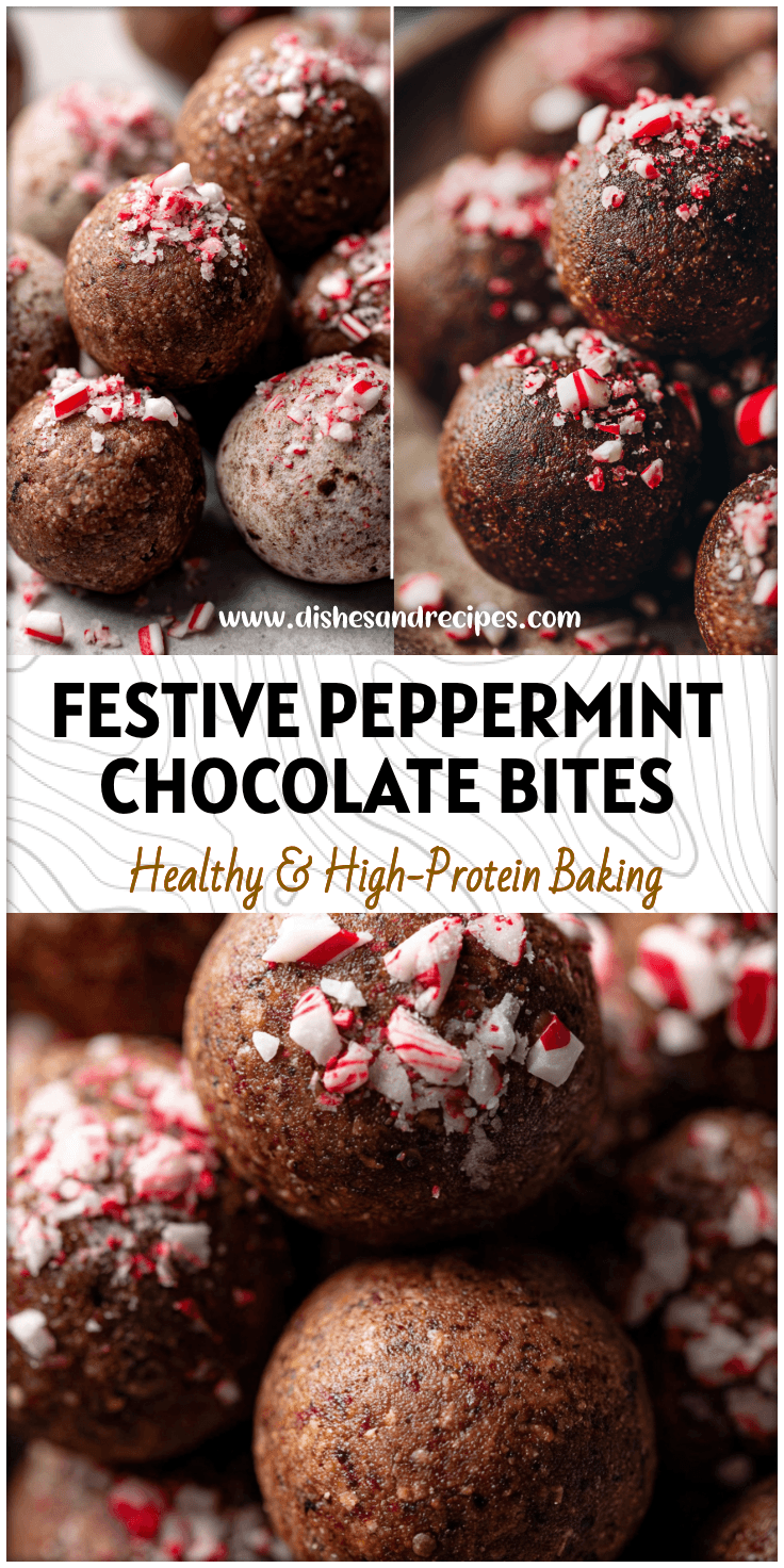 Close-up of Peppermint Chocolate Protein Bites topped with crushed candy canes, showing festive Peppermint Cookie Balls.