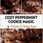 Stack of chewy Peppermint Hot Chocolate Cookies topped with crushed candy canes and chocolate drizzle.