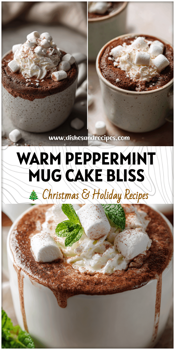 Peppermint Hot Chocolate Mug Cake topped with whipped cream and marshmallows in a cozy winter mug.