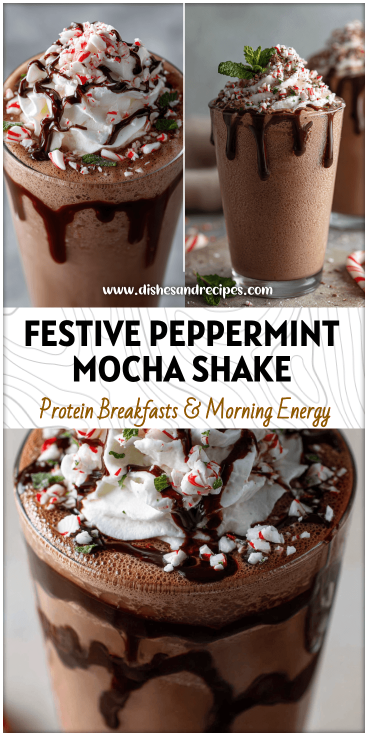 A glass of Peppermint Mocha Shakeology with chocolate drizzle, whipped cream, and crushed peppermint on top.