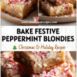 Chewy peppermint white chocolate blondies topped with crushed candy canes on a holiday plate