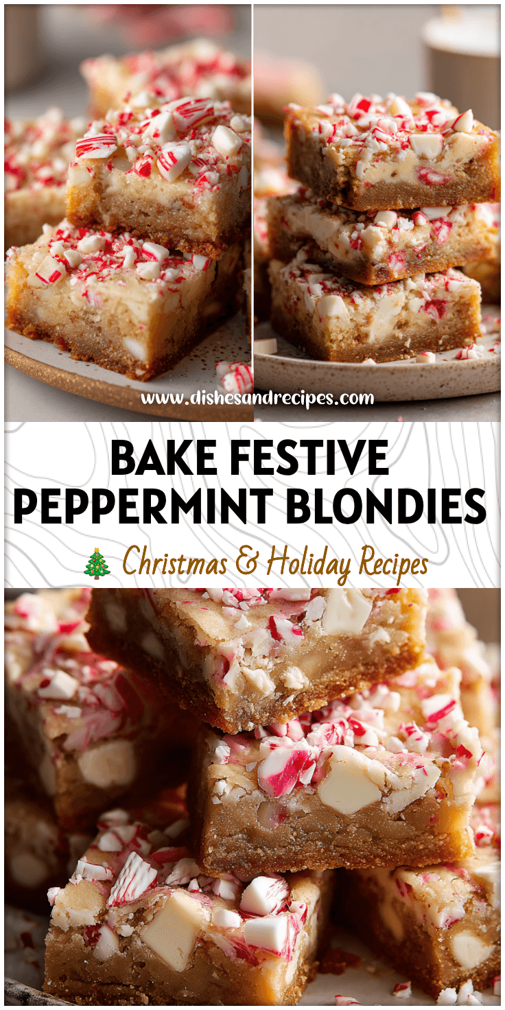 Chewy peppermint white chocolate blondies topped with crushed candy canes on a holiday plate