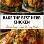 Perfect Oven-Baked Whole Chicken with Garlic and Herbs 5 Whole Baked Chicken coated with garlic herb butter on a rustic serving platter