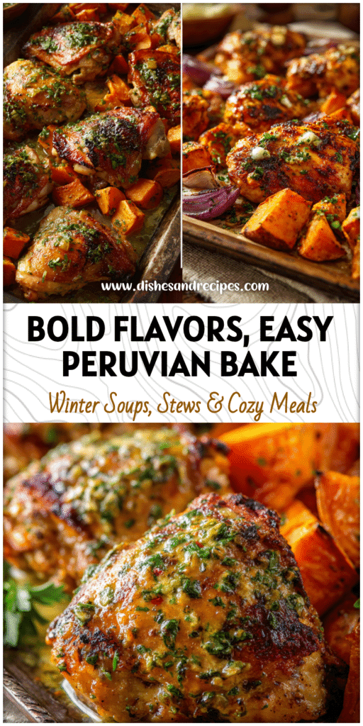 Oven-baked Peruvian Chicken with garlic butter glaze and roasted sweet potatoes on a rustic tray.