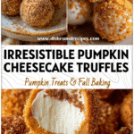Pumpkin Cheesecake Truffles for Festive Fall & Halloween Desserts 5 Creamy pumpkin cheesecake truffles rolled in spiced coating displayed with Fall and Halloween Desserts theme.
