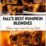 Stacked Pumpkin Chocolate Chip Blondies on a plate showing gooey Pumpkin Chocolate Chips for fall baking.