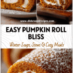 A moist Pumpkin Roll Cake Easy recipe with creamy filling dusted with powdered sugar on a fall table.