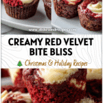 Red Velvet Brownie Bites with Cream Cheese Swirl 5 Close-up of Red Velvet Brownie Bites topped with cream cheese swirl on a white plate.