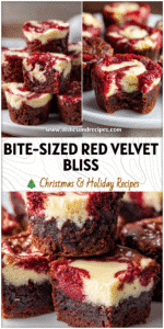 Close-up of Red Velvet Brownie Bites topped with a creamy cheesecake swirl on a white plate.