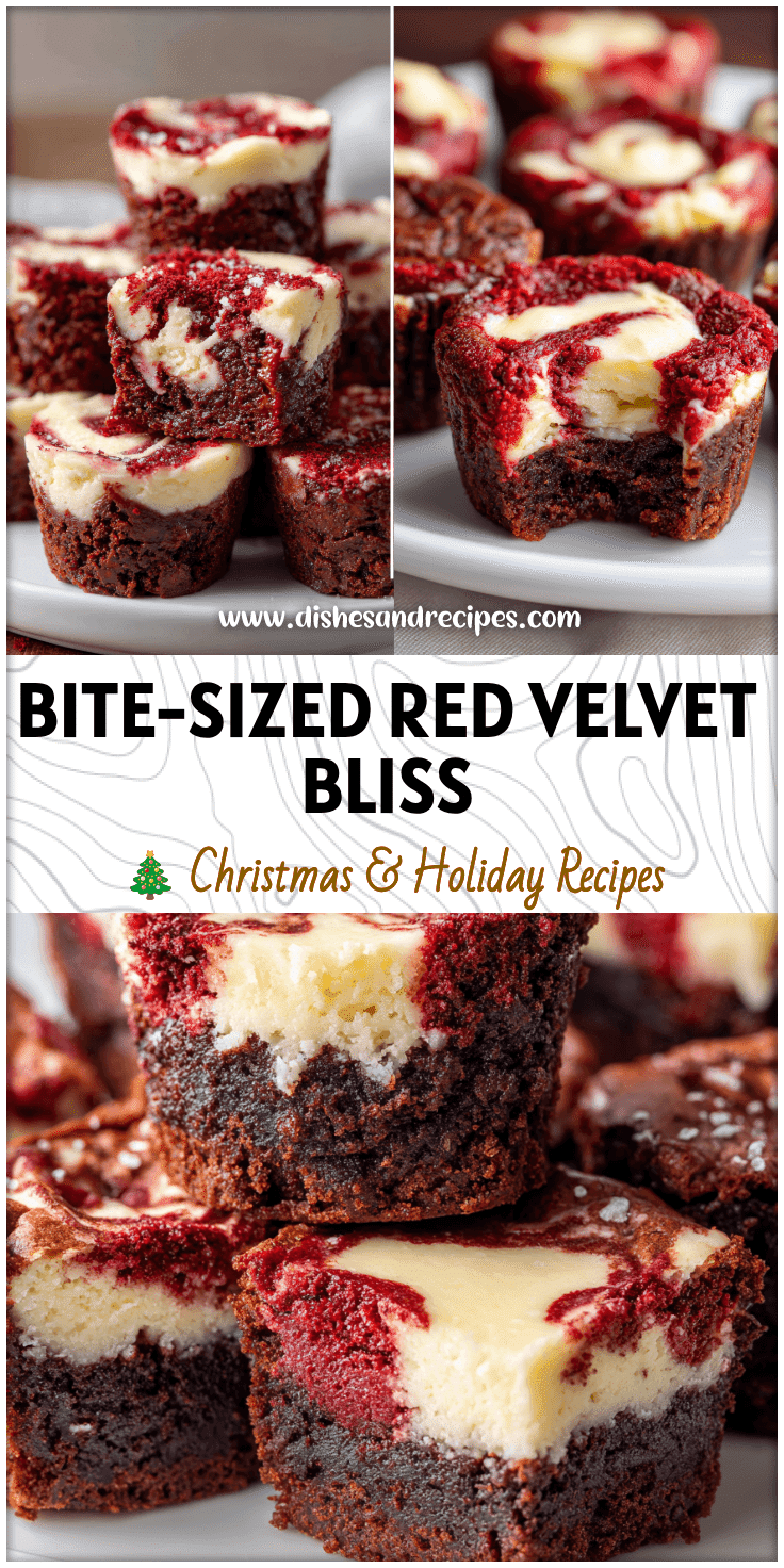 Close-up of Red Velvet Brownie Bites topped with a creamy cheesecake swirl on a white plate.