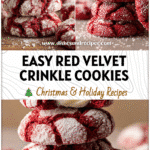 Red Velvet Crinkle Cookies From Cake Mix with Cream Cheese 5 Stack of Red Velvet Crinkle Cookies From Cake Mix dusted with powdered sugar beside cream cheese filling.