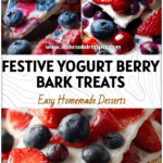Colorful Red, White & Blue Frozen Yogurt Berry Bark topped with fresh Yogurt Berries and fruit pieces.