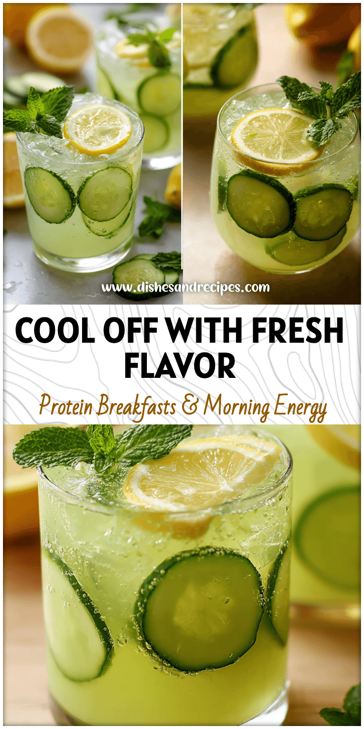 Glass of fresh cucumber lemonade with lemon slices and mint leaves on a bright summer table.