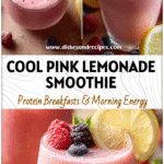 Refreshing Pink Lemonade Smoothie Recipe for Summer 5 Glass of pink lemonade smoothie topped with lemon slices and fresh berries on a sunny table.