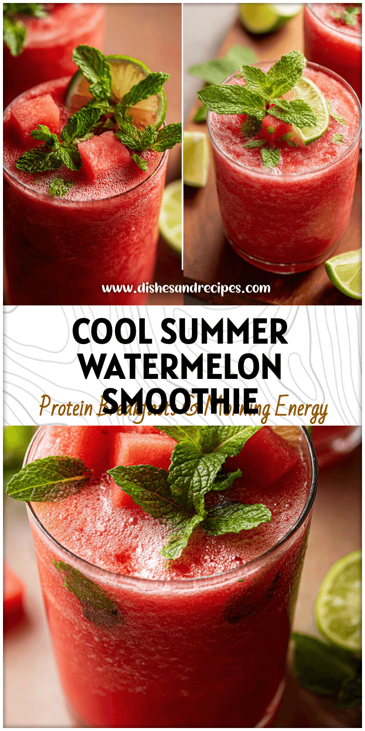 A bright Watermelon Mint Smoothie in a glass garnished with lime, fresh mint, and watermelon cubes.