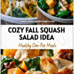 A bowl of roasted butternut squash salad with chicken and spinach inspired by Spaghetti Squash Alfredo recipes.