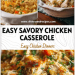 Golden baked shredded chicken rice and vegetable casserole served in a rustic white baking dish.