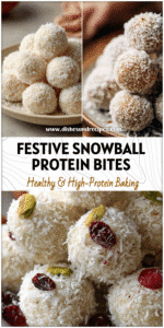 Round coconut-covered Snowball Protein Bites on a Holiday Dessert Platter for a festive Winter Snack.