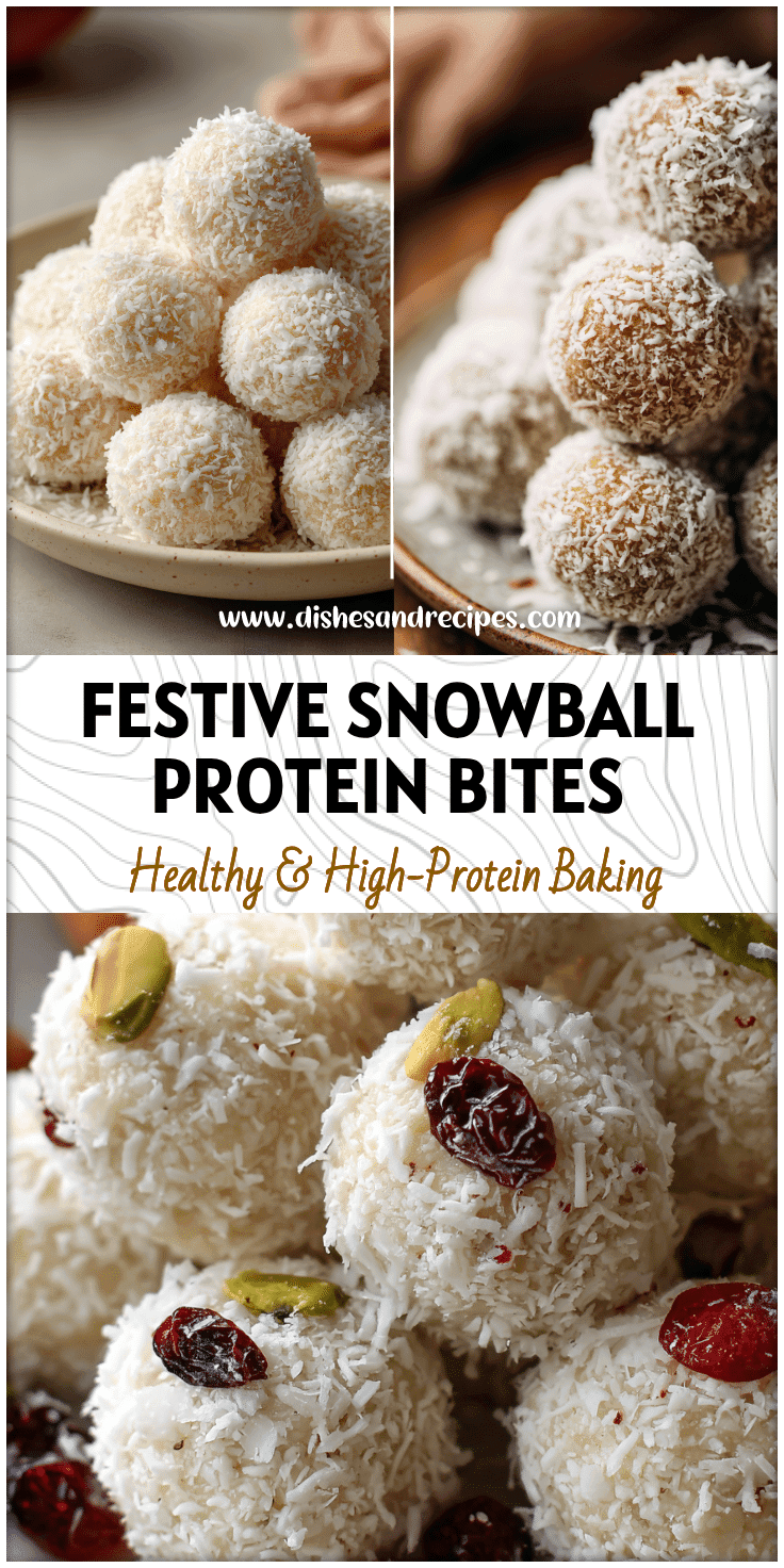 Round coconut-covered Snowball Protein Bites on a Holiday Dessert Platter for a festive Winter Snack.