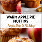 Close-up of Apple Pie Muffins topped with Cinnamon Apples and sugar dusting on a neutral background.