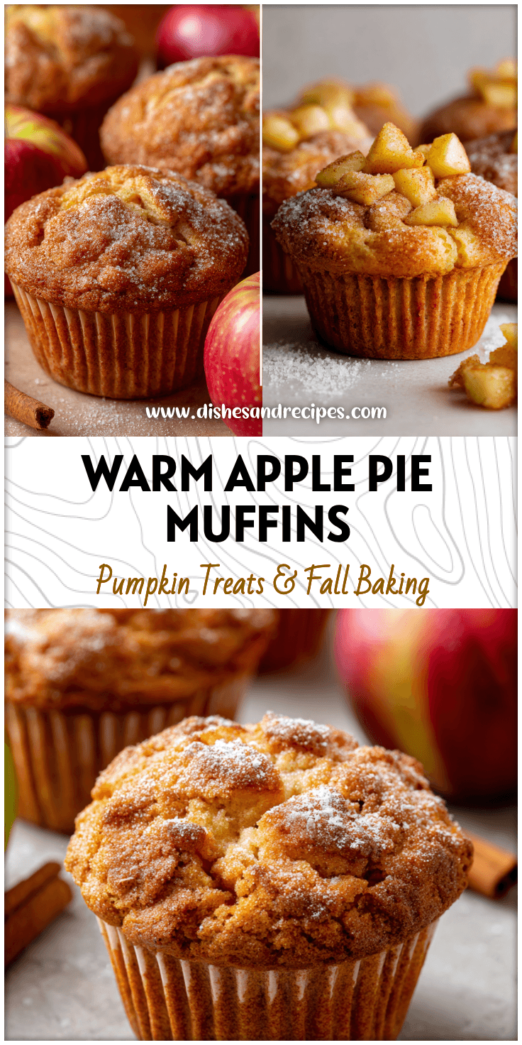Close-up of Apple Pie Muffins topped with Cinnamon Apples and sugar dusting on a neutral background.
