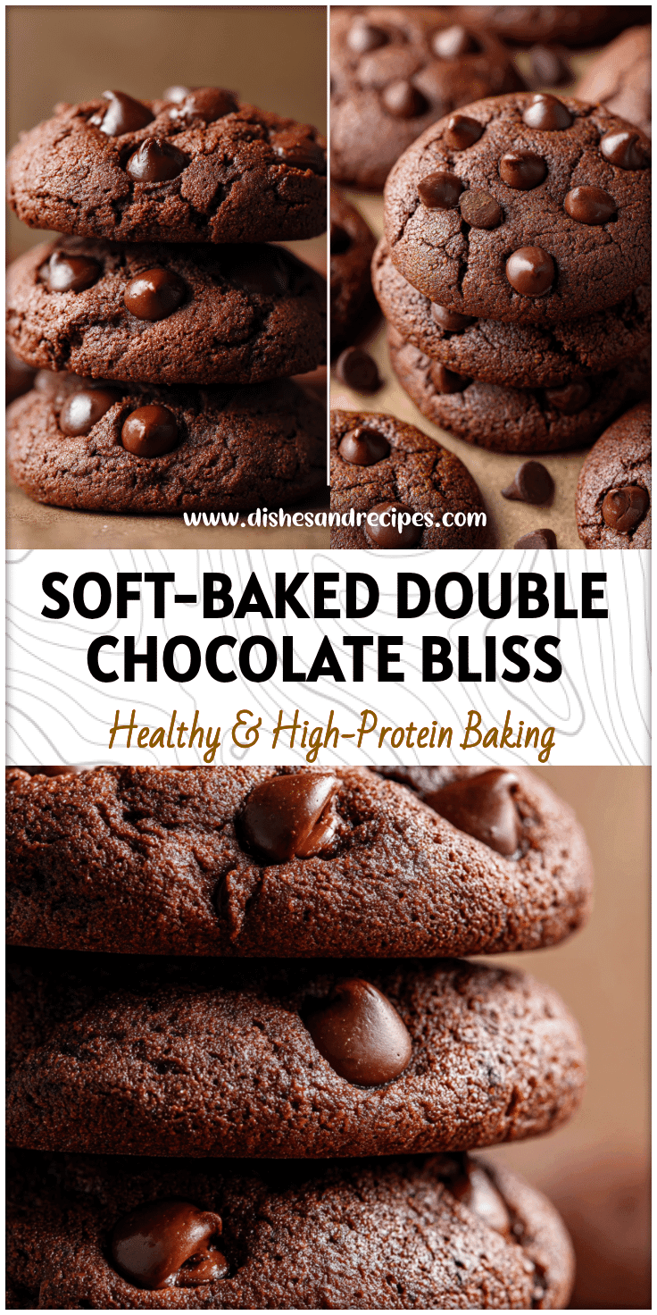 Stacked vegan double chocolate cookies with glossy chocolate chips and soft baked texture.