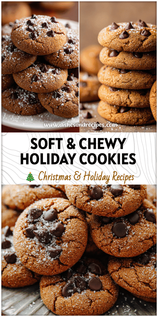 A plate stacked with chewy Chocolate Chip Gingerbread Cookies dusted with sugar and chocolate chips.