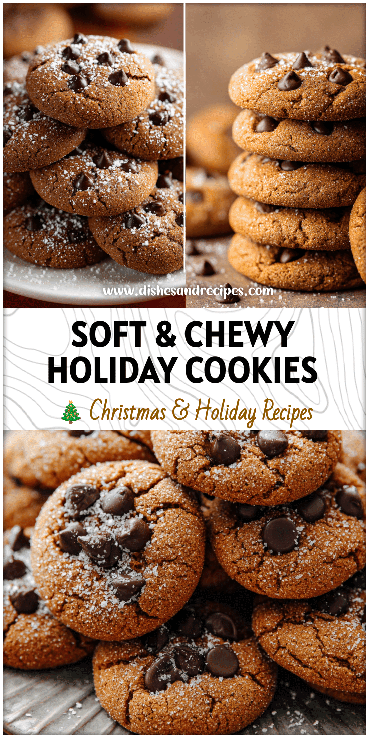 A plate stacked with chewy Chocolate Chip Gingerbread Cookies dusted with sugar and chocolate chips.