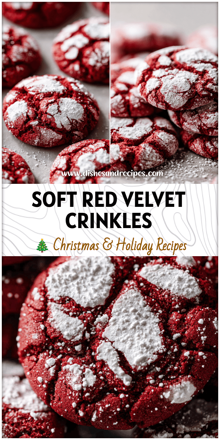 Close-up of soft red velvet crinkle cookies dusted with powdered sugar on a baking sheet.