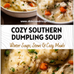 Bowl of Southern Chicken and Dumplings Soup filled with thick dumplings and shredded chicken in creamy broth.