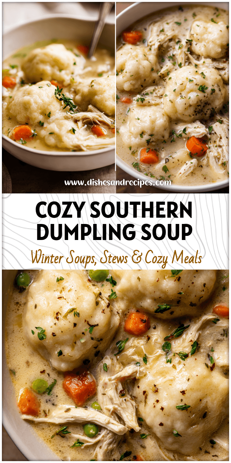 Bowl of Southern Chicken and Dumplings Soup filled with thick dumplings and shredded chicken in creamy broth.