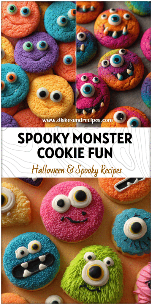 Colorful Halloween monster cookies with candy eyes, ideal Halloween For Toddlers Treats and fun Baking For Kids Easy Fun project.