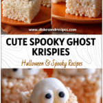 Spooky Ghost Rice Krispie Treats for Halloween Parties 5 White ghost-shaped Rice Krispie Halloween treats decorated with candy eyes on an orange party plate.