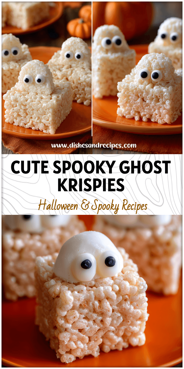 White ghost-shaped Rice Krispie Halloween treats decorated with candy eyes on an orange party plate.