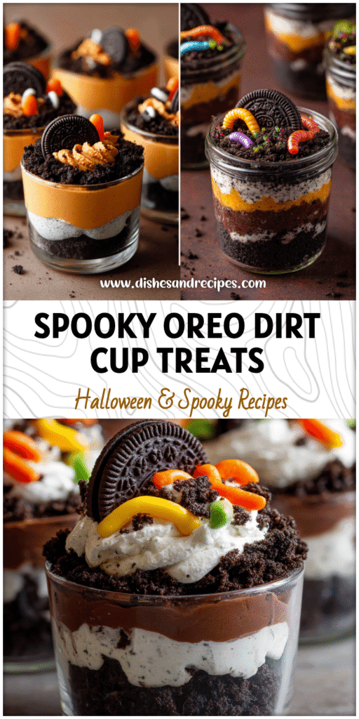 Layered edible dirt cups with crushed Oreos, pudding, and candy worms for Halloween Individual Desserts.