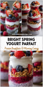 Home 5 Layered Greek Yogurt Berry Parfait in jars with chia seeds, granola, and fresh spring berries.