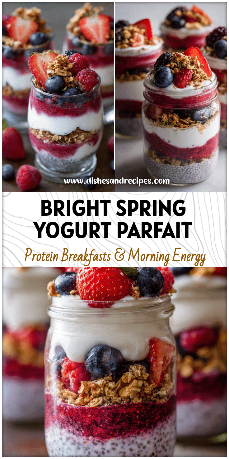 Layered Greek Yogurt Berry Parfait in jars with chia seeds, granola, and fresh spring berries.