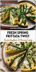 Home 5 Golden spring vegetable frittata with asparagus, peas, and creamy polenta served on a rustic plate.