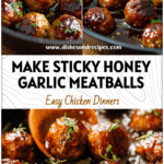 Skillet filled with sticky honey garlic chicken meatballs glazed in a shiny honey garlic sauce.