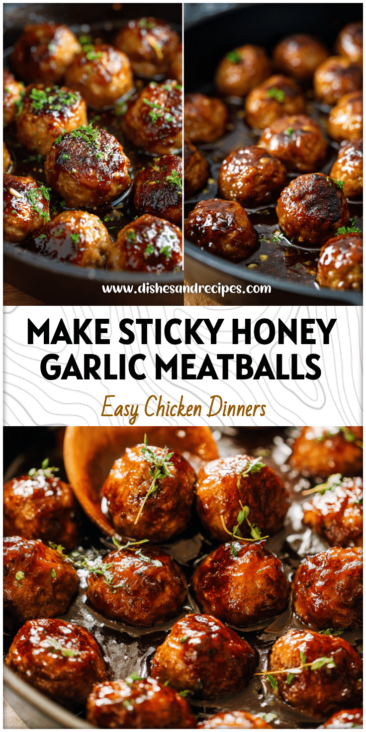 Skillet filled with sticky honey garlic chicken meatballs glazed in a shiny honey garlic sauce.