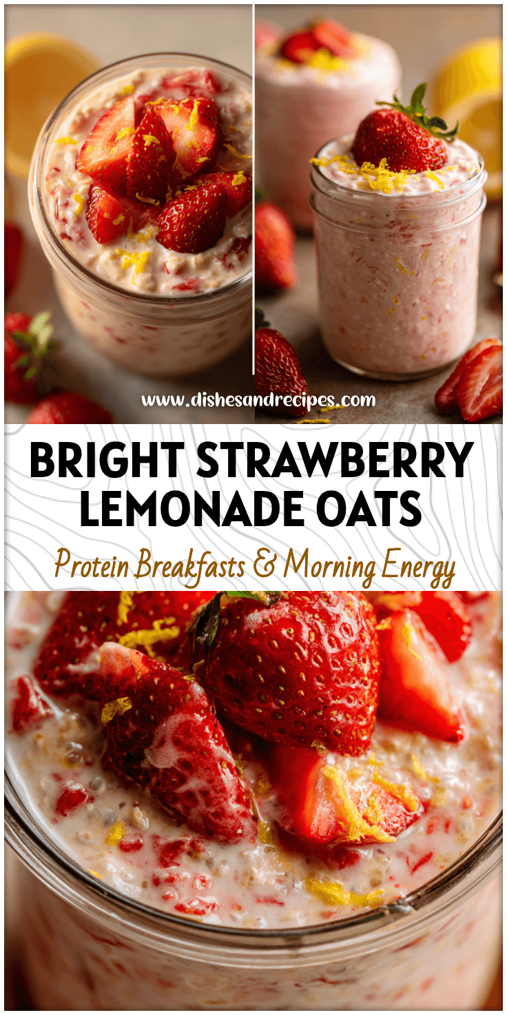 Glass jar filled with creamy Strawberry Lemonade Overnight Oats topped with strawberries and lemon zest.