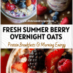 A glass jar filled with creamy Mixed Berry Overnight Oatmeal topped with fresh summer berries and rolled oats.