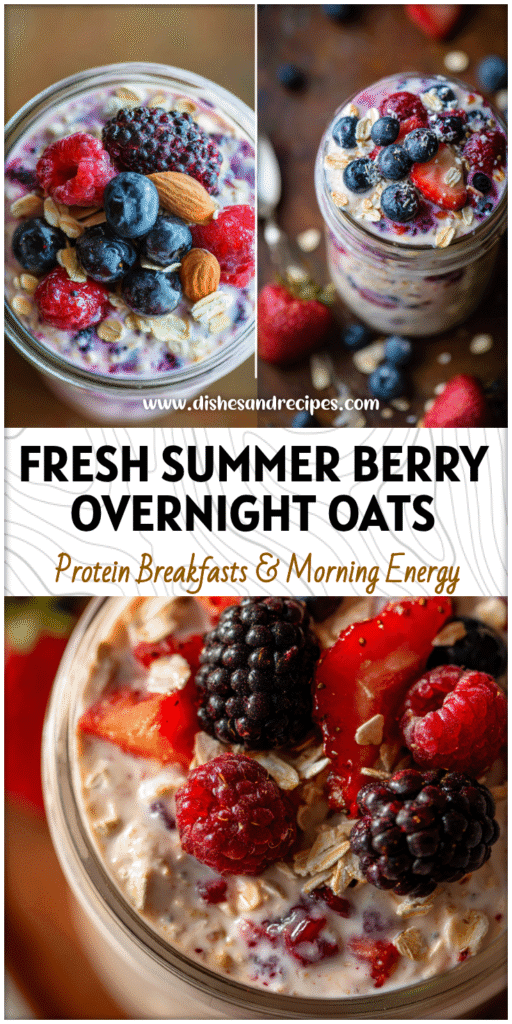 A glass jar filled with creamy Mixed Berry Overnight Oatmeal topped with fresh summer berries and rolled oats.