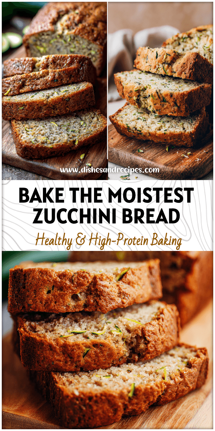 Loaf of Super Moist Zucchini Banana Bread sliced on a wooden board with visible zucchini shreds.