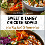 Colorful bowl of Sweet Chili Chicken with rice, vegetables, and drizzle of Coconut Lime Sauce.