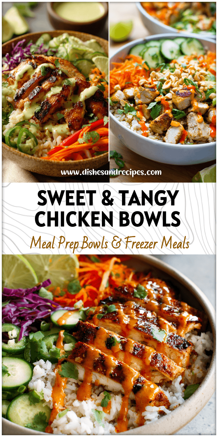 Colorful bowl of Sweet Chili Chicken with rice, vegetables, and drizzle of Coconut Lime Sauce.