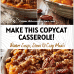 Close-up of creamy Copycat Sweet Potato Casserole topped with crunchy pecan crumble on a rustic dish